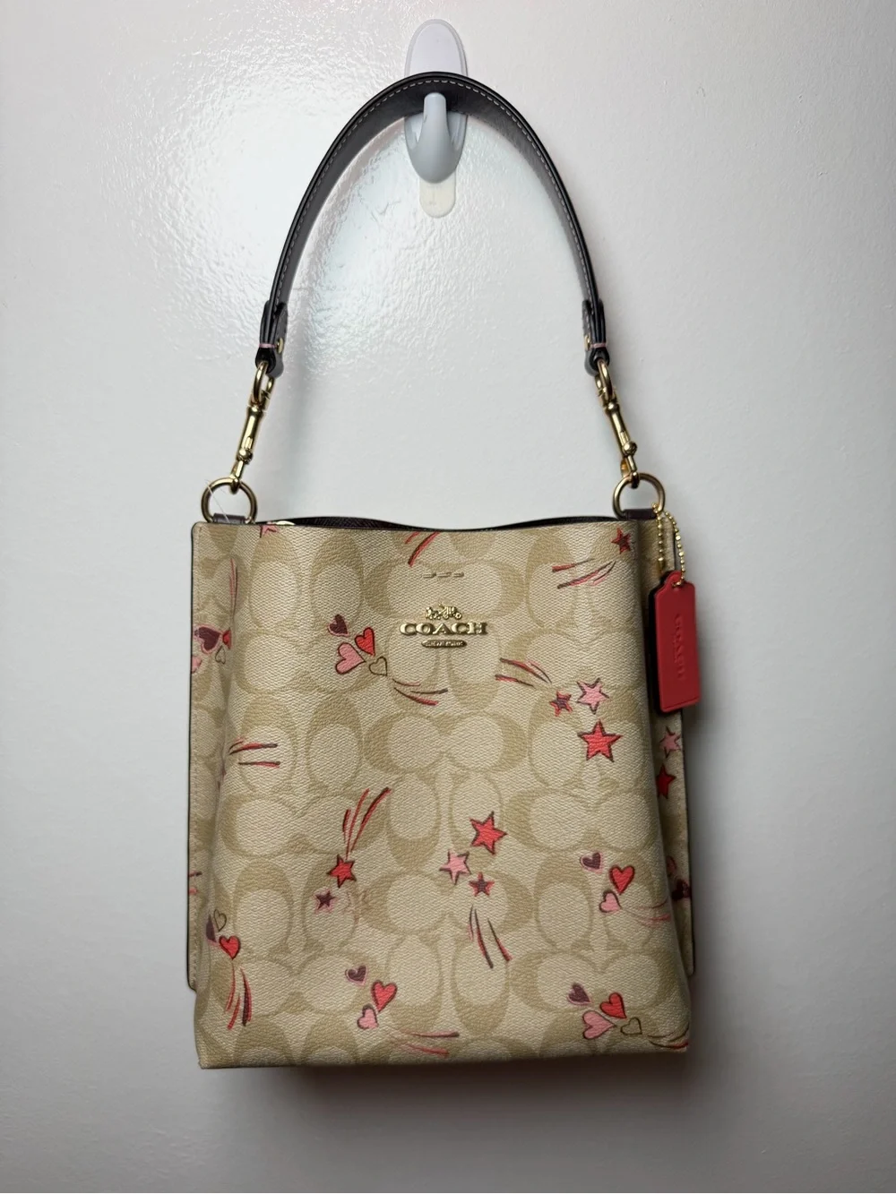 Coach Beige Signature Canvas Tote with Pink & Red Heart Print